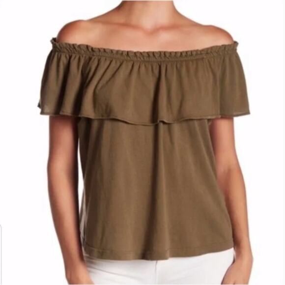 Current/Elliott Ruffle Army Green Off-the-Shoulder Top - Picture 1 of 5